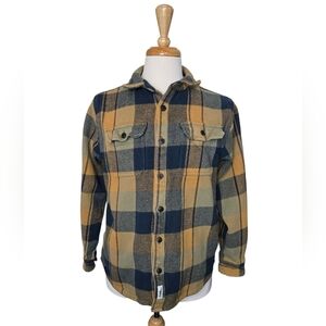 Frank And Oak Women’s Heavy Flannel Shirt Jacket L Mustard Navy Plaid Overshirt